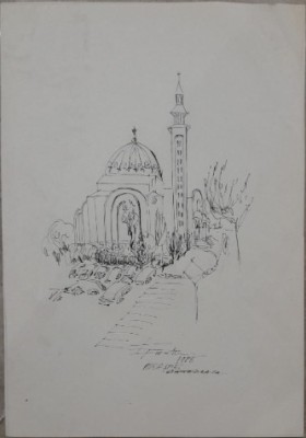 Lucrare &amp;rdquo;Orăștie, Catedrala&amp;rdquo; de Elena Forțu, tuș pe carton subțire 45 x 31 cm foto