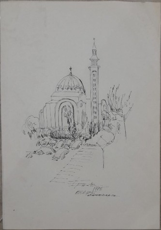 Lucrare &rdquo;Orăștie, Catedrala&rdquo; de Elena Forțu, tuș pe carton subțire 45 x 31 cm