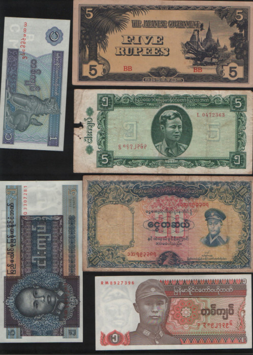Lot / Set 20 bancnote diferite / kyat / Burma (Myanmar) cateva rare /(vezi scan)