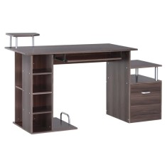 Birou calculator, MDF si metal, cu raft tastatura, sertar, 8 rafturi, loc pentru unitate, maro, 152x60x88 cm