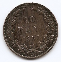 Romania 10 Bani 1867 WATT &amp;amp; CO. - Carol I, Cupru, 30 mm KM-4.2 foto