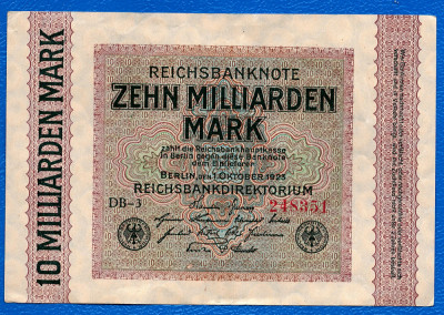 (3) BANCNOTA GERMANIA - 10 MILLIARDEN MARK 1923 (1 OCTOMBRIE 1923), UNIFATA foto