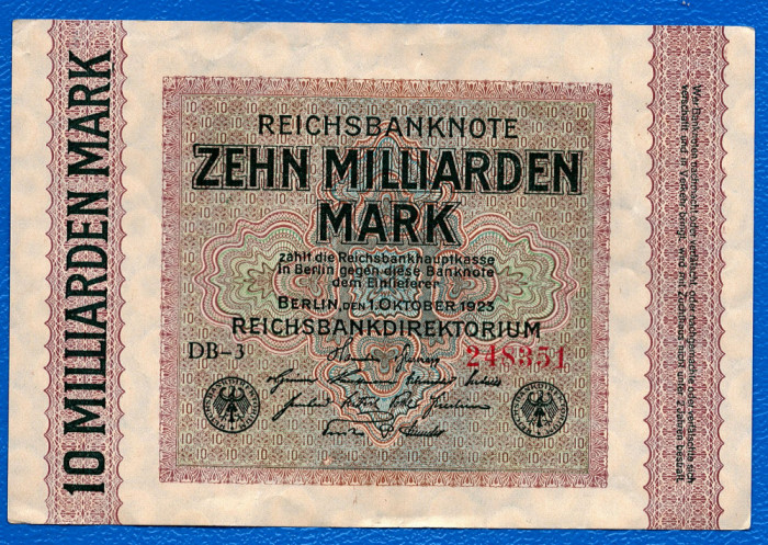(3) BANCNOTA GERMANIA - 10 MILLIARDEN MARK 1923 (1 OCTOMBRIE 1923), UNIFATA