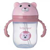 Cana Antrenament cu Pai, Honey Bear, Roz, Capacitate 0,235 L, Model Ursuleț, M&acirc;nere Ergonomice, Oem