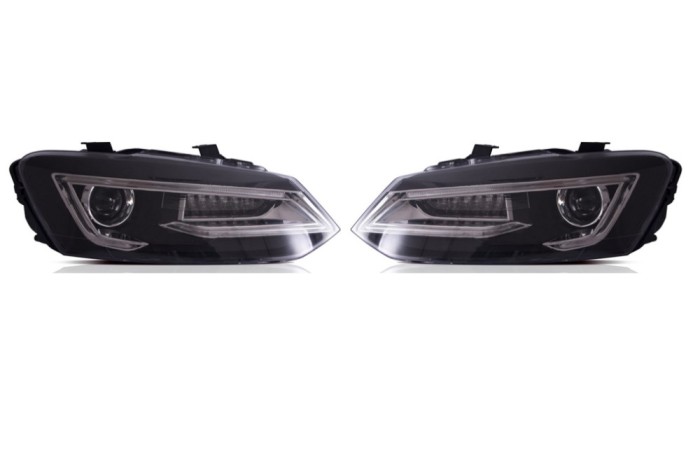 Set faruri tuning VW POLO (6R), 2011-12.2017, dynamic indicator; cu LED indicator; cu LED daytime running light; H7; electrical; negru; fara becuri;