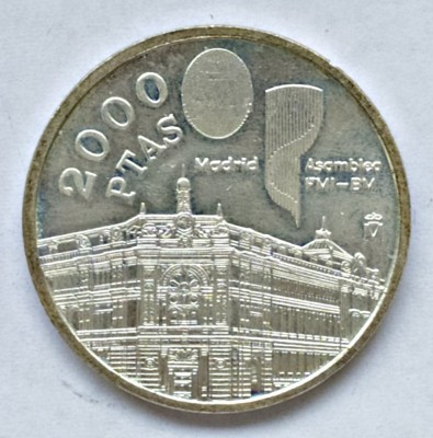 SPANIA 2000 PESETA 1994 ARGINT MADRID ANSAMBLUL FMI BM AUNC foto