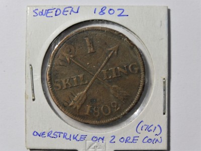 Suedia 1 Skilling 1802 batut peste o moneda de 2 Ore 1761- RAR (150) foto