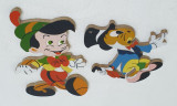 Jucarie veche de colectie aplica din lemn vopsit Pinocchio &amp; Jiminy Cricket