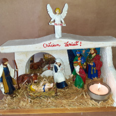 Dioramă cu scena Nașterii Domnului, unicat home-made, magi, Maria, Iosif, Isus