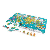 Puzzle 2 in 1 Turul lumii Hape, 100 piese, 4 figuri lemn, 5 ani+