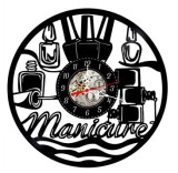 Ceas de perete decorativ realizat din disc de vinil, Model Manichiura / Salon Infrumusetare, Negru, 30 cm