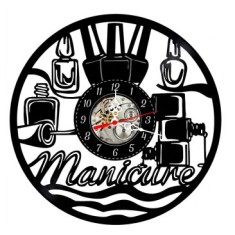Ceas de perete decorativ realizat din disc de vinil, Model Manichiura / Salon Infrumusetare, Negru, 30 cm
