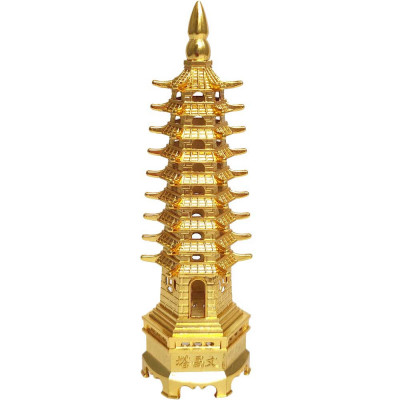 Pagoda celor 9 elemente, turnul educatiei si noroc scolar, obiect feng shui 14 cm, metal auriu foto