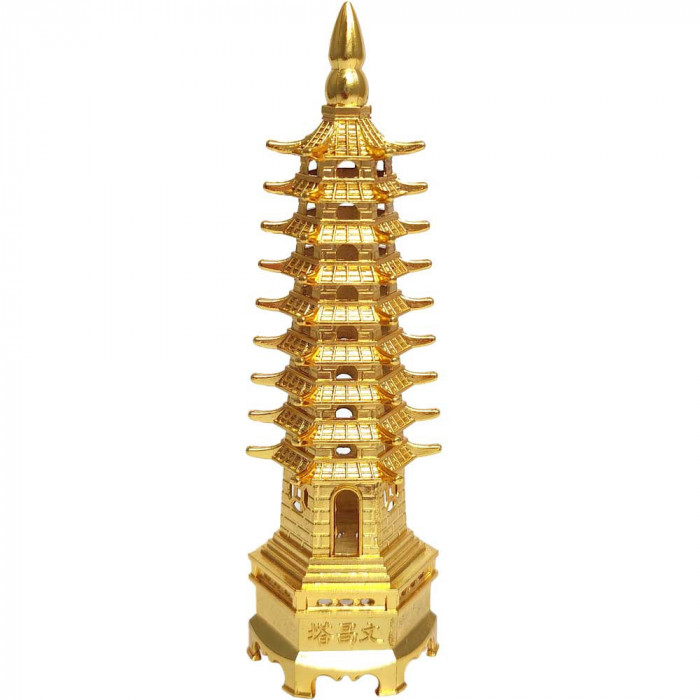 Pagoda celor 9 elemente, turnul educatiei si noroc scolar, obiect feng shui 14 cm, metal auriu