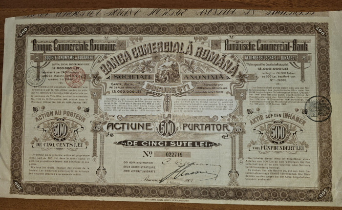 Actiune, titlu de 500 lei 1907 Banca Comerciala Romana