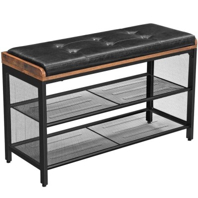 VASAGLE Banca pentru hol, cu raft suport de pantofi, sezut captusit imitatie piele, design industrial, 30x80x48cm, negru cu maro foto