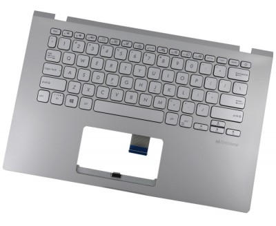 Carcasa superioara cu tastatura palmrest Laptop, Asus, VivoBook 14 X409, X409BA, X409DA, X409DJ, X409DL, X409FA, X409FB, iluminata, argintie, layout U foto