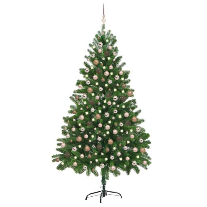Brad Crăciun pre-iluminat artificial set globuri, verde, 210 cm