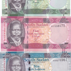 Bancnota Sudanul de Sud 1, 5 si 10 Pounds (2011) - P5-7 UNC ( set x3 )