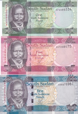 Bancnota Sudanul de Sud 1, 5 si 10 Pounds (2011) - P5-7 UNC ( set x3 ) foto