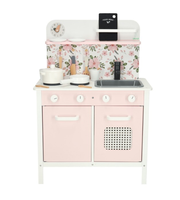 Bucatarie de jucarie complet utilata, lumini si sunete,din lemn, accesorii incluse, roz, 82 cm x 58 cm x 30 cm