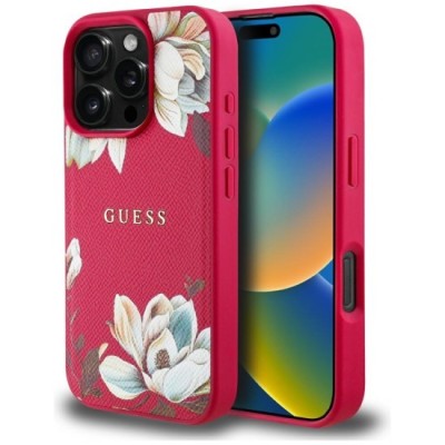 Husa pentru iPhone 16 Pro - Guess Grained Flowers MagSafe (GUHMP16LPGNMPLMF) - Fuchsia foto