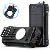 Baterie externă solară 40000mAh Linomag&reg;, 4 porturi USB, 4 cabluri integrate, 4 metode de incarcare, Lanternă LED, Busolă și Termometru, Negru