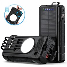 Baterie externă solară 40000mAh Linomag&reg;, 4 porturi USB, 4 cabluri integrate, 4 metode de incarcare, Lanternă LED, Busolă și Termometru, Negru