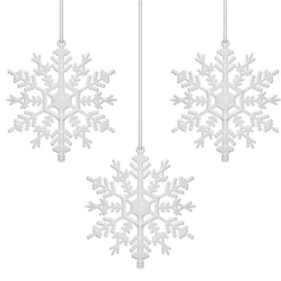 Set decoratiuni pentru brad tip fulg de zapada, 3 bucati, 12 cm, cu snur, alb cu sclipici foto
