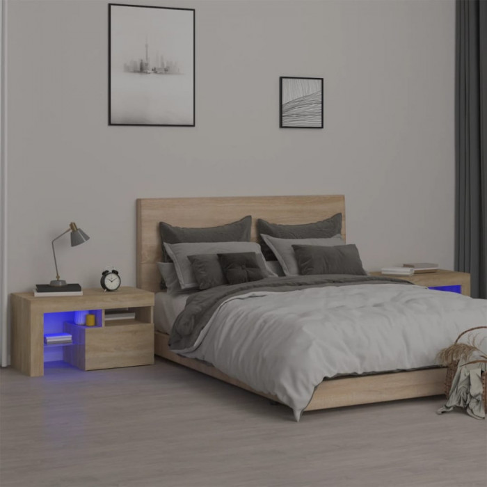 vidaXL Noptiere cu lumini LED, 2 buc., stejar sonoma, 70x36,5x40 cm 3152772