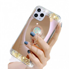 Husa silicon oglinda , inel si pietricele Iphone 12 Pro , Roz