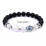 Bratara feng shui pe elastic cu hamsa si ochi protector onix negru mat si piramida din cristal de stanca 19cm, Stonemania Bijou