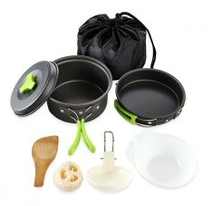 Set ustensile camping, 9 piese, oala, tigaie, capac, lingula lemn, cani, chiuveta, husa inclusa, 416g, aluminiu, gri