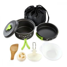 Set ustensile camping, 9 piese, oala, tigaie, capac, lingula lemn, cani, chiuveta, husa inclusa, 416g, aluminiu, gri