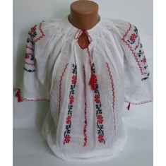 Ie romaneasca cu maneca scurta, marime universala, Alb/Rosu