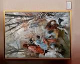 Tablou peisaj de iarna cu patinatori, Tablou clasic pictura ulei panza 99x76cm, Abstract