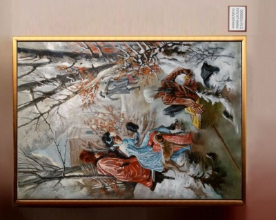 Tablou peisaj de iarna cu patinatori, Tablou clasic pictura ulei panza 99x76cm foto