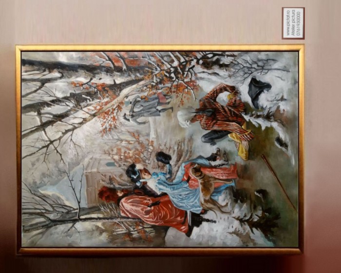 Tablou peisaj de iarna cu patinatori, Tablou clasic pictura ulei panza 99x76cm