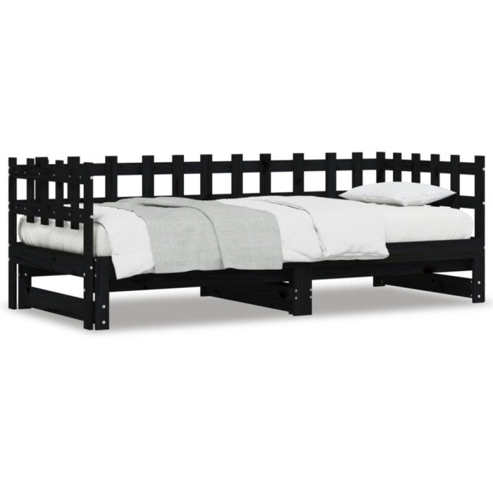 Gossi pat de zi extensibil, negru, 2x(80x200) cm, lemn masiv de pin
