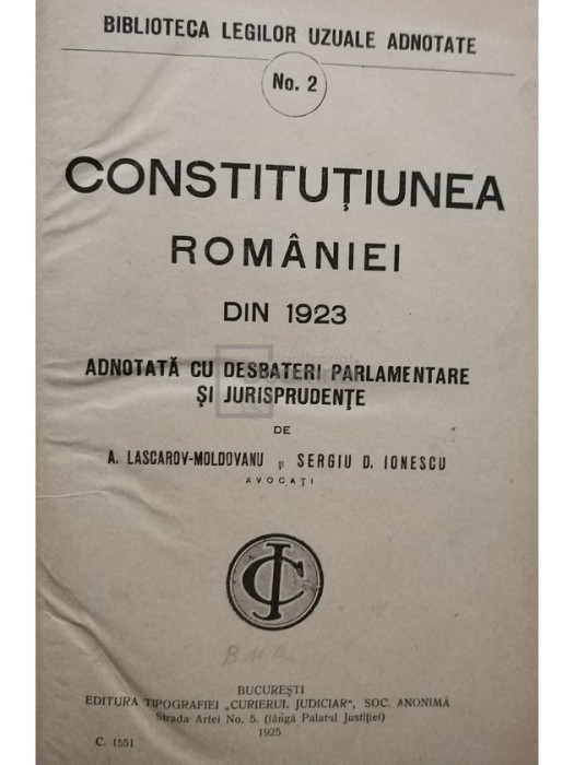 A. Lascarov Molodvanu - Constitutiunea Romaniei din 1923 (editia 1925)