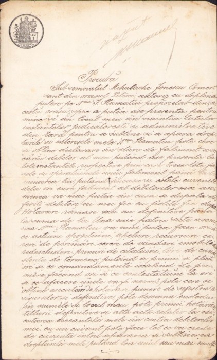 A2678N Procură a comerciantului Mihalache Ionescu din Pitești pentru reprezentare &icirc;n fața instanțelor judecătorești 1907, Pitești
