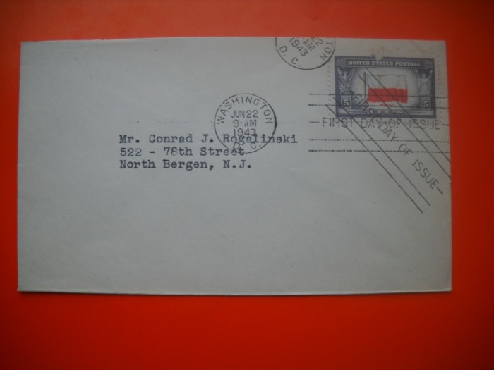 HOPCT PLIC S FDC NR 758 DRAPEL POLONIA- DRAPEL -1943 -SUA -CIRCULAT