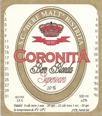 NI501 Etichetă bere blondă superioară Coronița, SC Bere Malț Bistrița, &amp;icirc;nceputul anilor 1990 foto