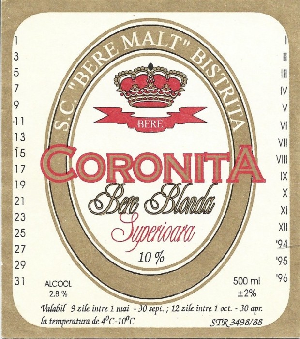 NI501 Etichetă bere blondă superioară Coronița, SC Bere Malț Bistrița, &icirc;nceputul anilor 1990