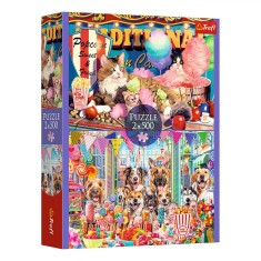 Puzzle, Trefl, Set 2 Bucăți, 500 Piese, Imagini Pisici și C&acirc;ini cu Dulciuri, Multicolor