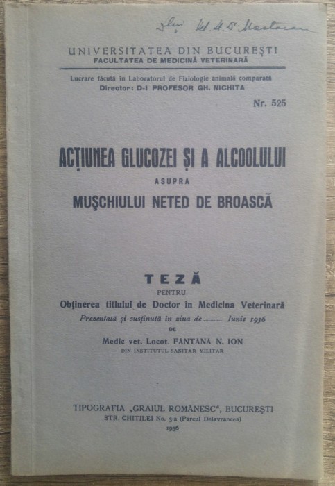 Actiunea glucozei si a alcoolului asupra muschiului neted de broasca/ 1936