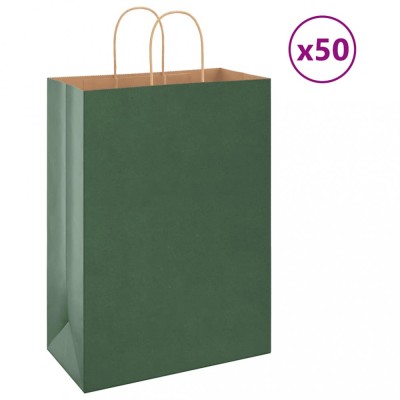 vidaXL Pungi de h&amp;acirc;rtie 50 buc cu m&amp;acirc;nere verde 32x17x44 cm 4101720 foto