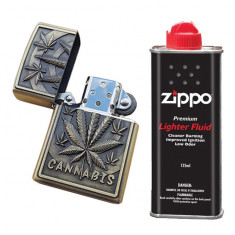 Bricheta tip zippo, 3D relief, metalica, cannabis, lichid zippo 125 ml