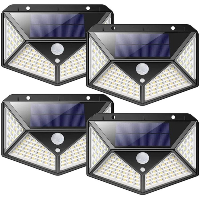 Set 4 lampi solare exterior , 100 LED-uri, 2200mAh, Senzor de miscare, 270&ordm; , IP65, Negru