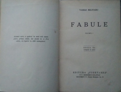Vasile Militaru / FABULE - ediția a II - a, revăzută, anii 1930 foto